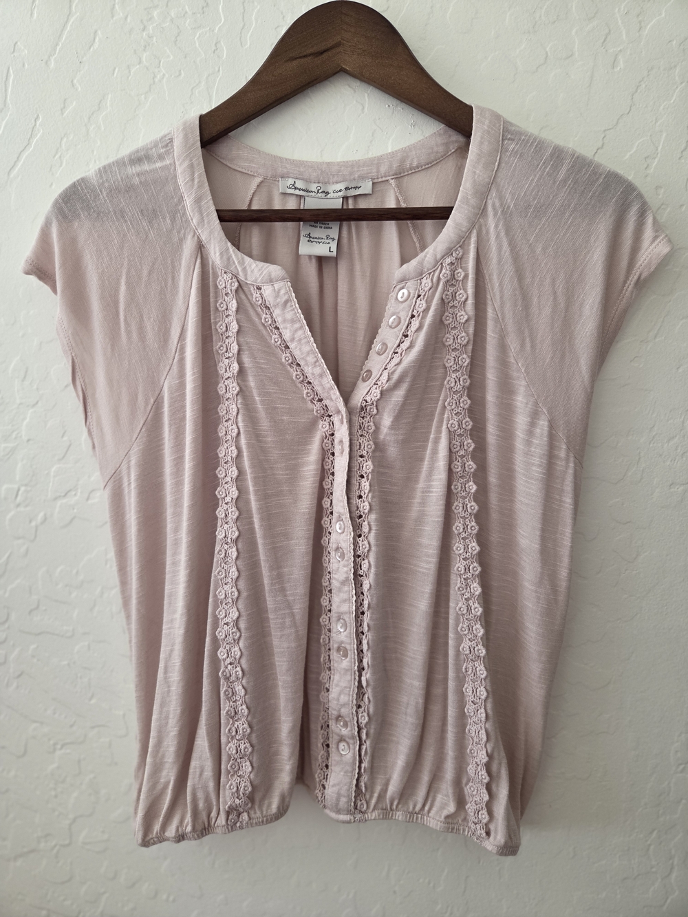 American Rag  Light Pink Semi Sheer Lace-Trim Cap Sleeve Top